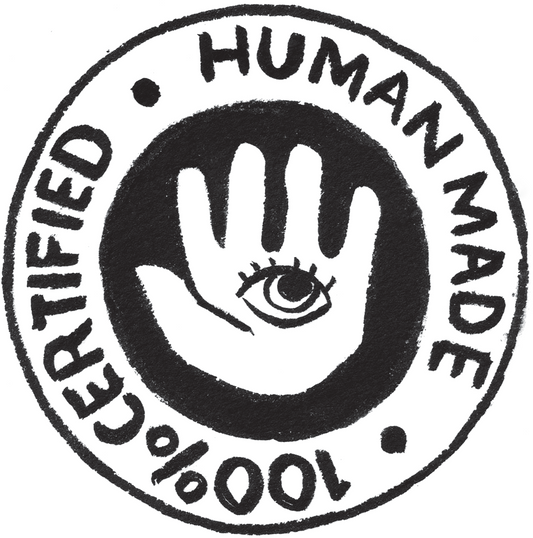 Logo by Matt Kindt for marking works as fully human made. It depicts a hand with an eye on it and text surrounding the hand that says "Human Made · 100% Certified"